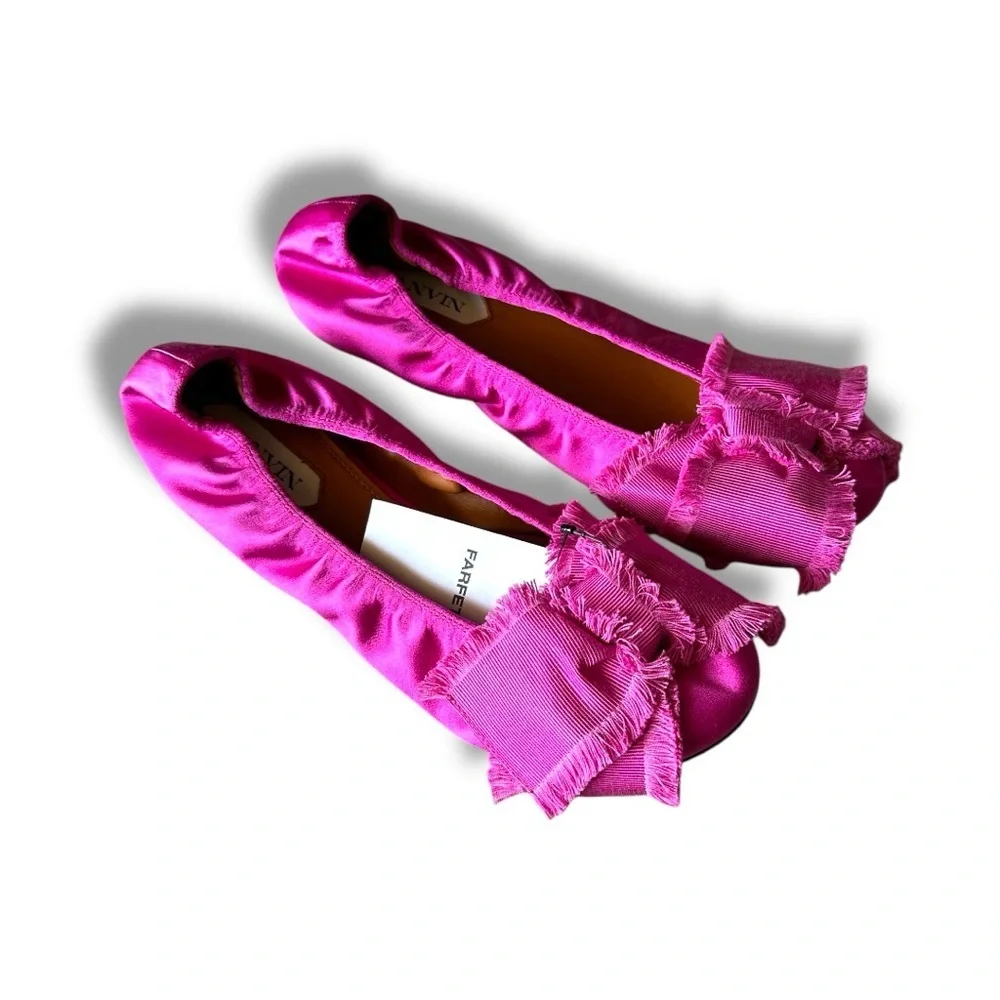Lanvin Fuchsia Pink Satin Bow Ballet Flats Shoes Made in Italy Size 40 US 9
